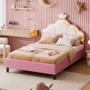 Letto imbottito Fortuna Lai 140x200cm design , letto per bambini/ragazzi con LED e rete a doghe, velluto, rosa