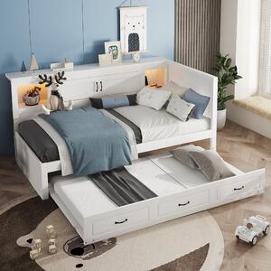 Divano letto 90x200 cm in pannello di particelle di legno e MDF, di colore bianco, con spazio contenitivo laterale e illuminazione LED, ideale per la camera da letto o per gli ospiti