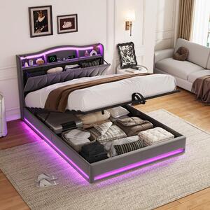 Letto imbottito REMZETTA, 160x200 cm, grigio, con LED, USB e Type-C, testiera con spazio contenitore e contenitore a cassetti integrato