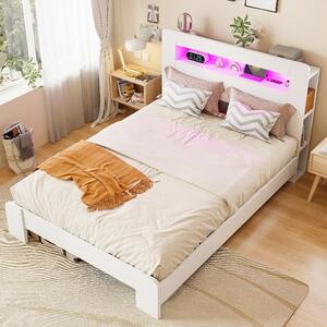 Letto matrimoniale imbottito in legno, dimensioni 140x200 cm, colore bianco, con spazio contenitivo nella testiera, illuminazione LED e prese elettriche integrate, ideale per la camera da letto