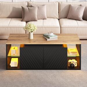 Tavolino da salotto nero con illuminazione a LED, dimensioni 100x50x41 cm, realizzato in pannello di particelle con finitura effetto legno e dotato di vano contenitore parzialmente aperto
