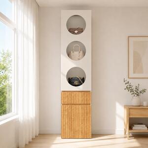 MODFU, mobiletto alto con vetrina, 45 x 50 x 200 cm, armadio contenitore con 2 ante e 1 cassetto, mobiletto multifunzione stretto in legno di quercia chiaro