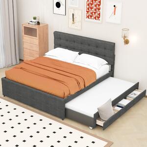 Letto imbottito Fortuna Lai 140 x 200 cm con 3 cassetti, rete matrimoniale con letto estraibile, letto familiare con rete a doghe e testata regolabile in altezza, materiale lino, senza materasso, grigio