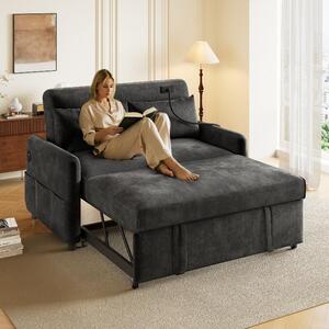 Divano letto 2 posti, grigio, divano trasformabile con funzione letto, rivestito in tessuto tipo ciniglia, con porta USB e schienale regolabile, dimensioni 129x76x81 cm
