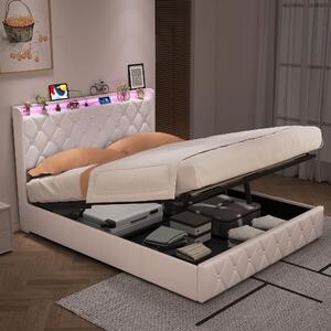 Letto imbottito REMZETTA, 140 x 200 cm, letto matrimoniale con contenitore e meccanismo di sollevamento idraulico, testiera imbottita, tessuto velluto, color beige