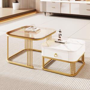 Set di 2 tavolini quadrati, tavolino da salotto lucido con aspetto marmoreo e piano in vetro marrone verde acqua, tavolino moderno con spazio di archiviazione, per soggiorno, balcone, bianco e marrone verde acqua