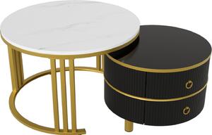 Set di 2 tavolini rotondi Fortuna Lai - con piano in vetro marrone, 2 cassetti, design moderno - nero
