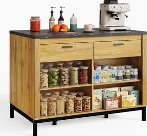 Isola da cucina in stile rustico, dimensioni 120x75x90 cm, con piano di lavoro effetto marmo nero, due cassetti, quattro ripiani aperti e struttura in metallo