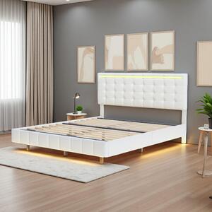 Fortuna Lai, letto imbottito 160x200 cm, LED, USB, letto galleggiante con testiera regolabile, lino, beige