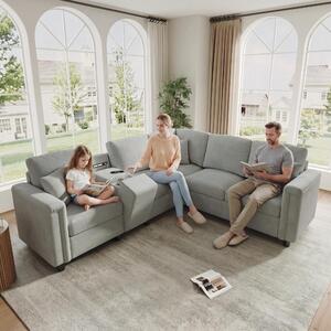 Divano angolare a forma di L, rivestito in chenille, dimensioni 235x208x83 cm, colore grigio chiaro, 5 posti, con consolle contenitore, prese USB/Type-C e luci da lettura, ideale per il soggiorno