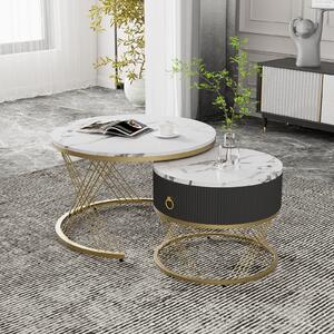 Set di 2 tavolini in marmo con ripiano rotondo Ø70 x 45cm e Ø50 x 40cm, tavolino con cassetto e struttura in metallo dorato, tavolo da salotto tavolo da divano