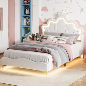 Letto per bambini 140x190 cm, imbottito con testiera a forma di , sistema RGB, testiera regolabile in altezza, rete a doghe, colore bianco, capacità fino a 200 kg, senza materasso