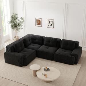 Divano angolare modulare in tessuto cord, divano nero da 4 posti, divano profondo senza struttura, resistente ai graffi e senza necessità di montaggio, dimensioni 295x206x69 cm