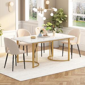 Fortuna Lai, set da pranzo (tavolo da pranzo 140x80 cm con 4 sedie), set moderno per cucina, sedia da pranzo in velluto con motivo a diamante, gambe della sedia regolabili, velluto beige, piano del tavolo in MDF bianco, gambe del tavolo dorate
