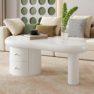 Fortuna Lai: Tavolino da caffè moderno bianco, forma irregolare – 2 cassetti, salvaspazio, elegante, stabile – perfetto per il soggiorno e per diversi usi