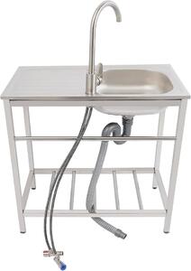 Lavello in acciaio inossidabile da esterno, a un bacino, con piano di lavoro multifunzione. Lavello da cucina o per uso commerciale, dotato di rubinetto con acqua calda e fredda e ripiani portaoggetti. Dimensioni: 75x40x75 cm