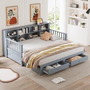 Divano letto 90x190 cm, estendibile a 180x190 cm, divano letto in legno massello di pino con spazio contenitore, presa di corrente, 2 cassetti e rete a doghe