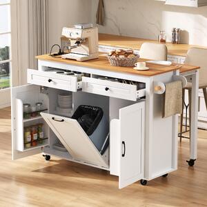 Isola cucina Fortuna Lai su ruote, zona pranzo estraibile Isola cucina con piano di lavoro e scomparto per contenitore rifiuti, isola cucina mobile indipendente con prese multiple, ideale per cucina e sala da pranzo (bianco)