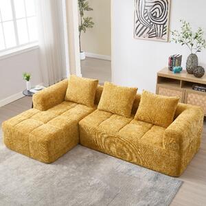 Divano angolare a 3 posti, dimensioni 250x158x60 cm, rivestito in tessuto tipo chenille color giallo, con chaise longue e due tasche laterali, ideale per il soggiorno