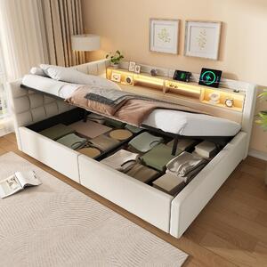 Letto contenitore 140x200 cm in lino e MDF color beige, con cassone contenitore a sistema idraulico e striscia LED dimmerabile, ideale per la camera da letto