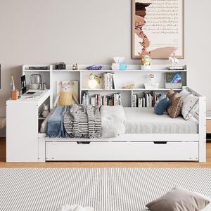 Divano letto 90x200 cm in legno massello, con letto estraibile, scrivania, scaffali e presa di corrente. Letto in legno bianco, ideale per camere da letto per ragazzi o camere per ospiti