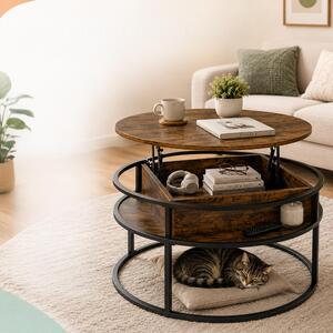 Tavolino Relaxdays con spazio contenitivo, dimensioni (altezza x diametro): 47 x 80 cm, piano sollevabile, realizzato in MDF e metallo, tavolino rotondo per divano, tavolino da salotto, colore marrone/nero