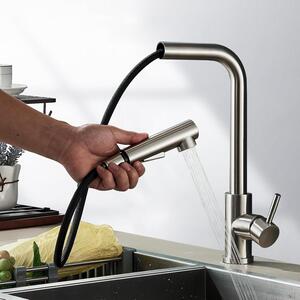Rubinetto da cucina estraibile a forma di L, con 2 getti e rotazione a 360°, miscelatore monocomando in acciaio inossidabile spazzolato, modello da cucina
