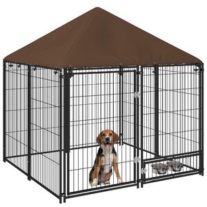 PawHut Recinto per Cani in Metallo e Tessuto Oxford con Porticina per Ciotole, 141x141x151 cm, Nero e Marrone