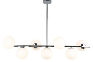 Lampadario a sospensione di metallo cromato con sfere in vetro bianco