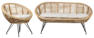 Set di divani a 3 posti in rattan naturale beige chiaro con cuscini in cotone di media resistenza per interni esterni stile bohémien giardino balcone Beliani