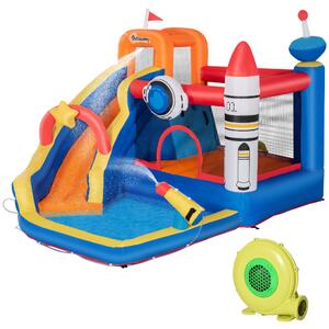 Outsunny Gioco Gonfiabile per Bambini 3-8 Anni a tema Spazio in Tessuto Oxford con Borsa da Trasporto, 11 Paletti e Toppe Inclusi, 340x270x227 cm