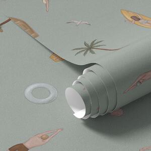 Carta da parati Nuotatori, delfini e accessori da spiaggia su sfondo verde, Parati unica, a01275v2 : Uwalls.it