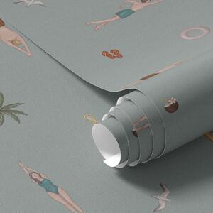 Carta da parati Nuotatori, palme e accessori da spiaggia su uno sfondo verde salvia, Parati natura classici, a01276v1 : Uwalls.it