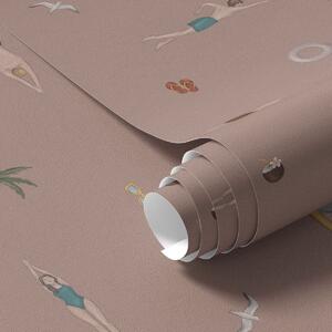 Carta da parati Nuotatori, palme e accessori da spiaggia su uno sfondo rosa, Parati natura classici, a01276v2 : Uwalls.it