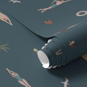 Carta da parati Nuotatori, palme e accessori da spiaggia su uno sfondo blu scuro, Parati natura classici, a01276 : Uwalls.it