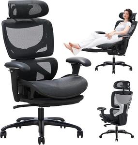 Sedia da ufficio ergonomica con poggiapiedi – Poltrona da ufficio con schienale alto, poggiatesta regolabile e braccioli 3D – Tessuto a rete traspirante, supporto lombare dinamico, regolabile in altezza – Colore: nero