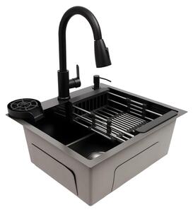Lavello da cucina nero con rubinetto estraibile e area di scolatura