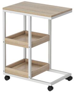 HOMCOM Tavolino Laterale a Forma di C con Ruote, Ripiani Aperti e Struttura in Acciaio, per Soggiorno e Camera, 51x33x66 cm, Naturale e Bianco | Aosom Italy