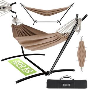Amaca marrone con struttura in tubi d'acciaio, dimensioni 270 x 110 x 105 cm, capacità di carico 200 kg, resistente alle intemperie, pieghevole, inclusi accessori e borsa per il trasporto