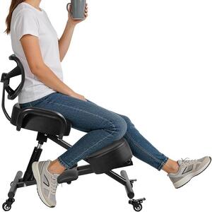 Sedia ergonomica per le gambe con schienale e poggiapiedi | Sedia da scrivania regolabile, struttura in metallo + sedia da ufficio in pelle, poggiapiedi, ruote, migliora la postura