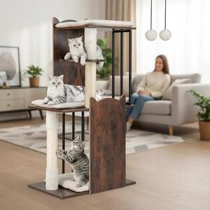 Albero per gatti moderno, ideale per gatti domestici, alto 112 cm, in stile rustico, colore marrone