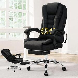 Sedia da ufficio con massaggio, poltrona ergonomica, poggiapiedi estensibile, sedia da scrivania, sedia girevole regolabile in altezza, sedia da computer con schienale reclinabile da 90° a 150°, sedia per riunioni, rivestita in tessuto, colore nero