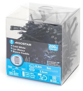 Aigostar - Catena luminosa LED da esterno per Natale 200 LED/8 modalità 3xAA 5,3m IP44 bianco freddo