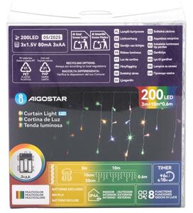 Aigostar - Catena luminosa LED natalizia da esterno 200xLED/8 funzioni 3xAA 13x06m IP44 multicolore