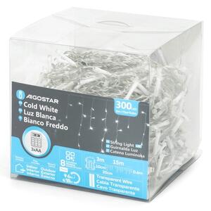 Aigostar - Catena luminosa natalizia LED da esterno, 300 LED/8 funzioni, 3xAA, 18 x 0,6 m, IP44, bianco freddo