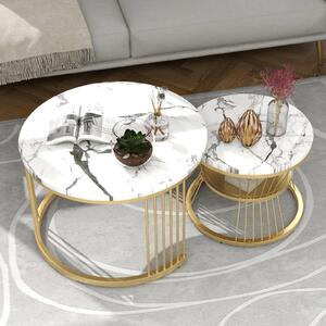 Set di due tavolini da caffè con design moderno, caratterizzati da un piano rotondo e una struttura in metallo