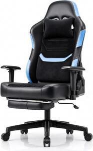 Sedia da gaming resistente fino a 200 kg, sedia da ufficio ergonomica robusta con braccioli regolabili in 2 dimensioni, poggiapiedi, sedia da scrivania regolabile da 90° a 160°, colore blu