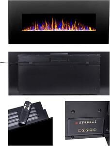 Camino elettrico da parete in vetro, riscaldamento superiore, camino elettrico da parete, fiamma LED con cambio colore e diverse opzioni decorative, telecomando incluso, 152 cm, colore nero