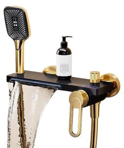 Miscelatore monocomando per lavabo con doccetta, finitura nera/oro