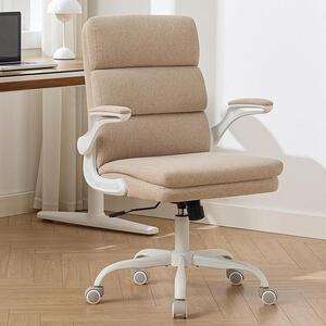 Sedia da ufficio ergonomica con supporto lombare triplo (nuca, schiena, zona lombare) - Regolabile in altezza, braccioli pieghevoli, imbottitura in tessuto confortevole, sedia girevole per l'ufficio domestico e l'ufficio, color beige